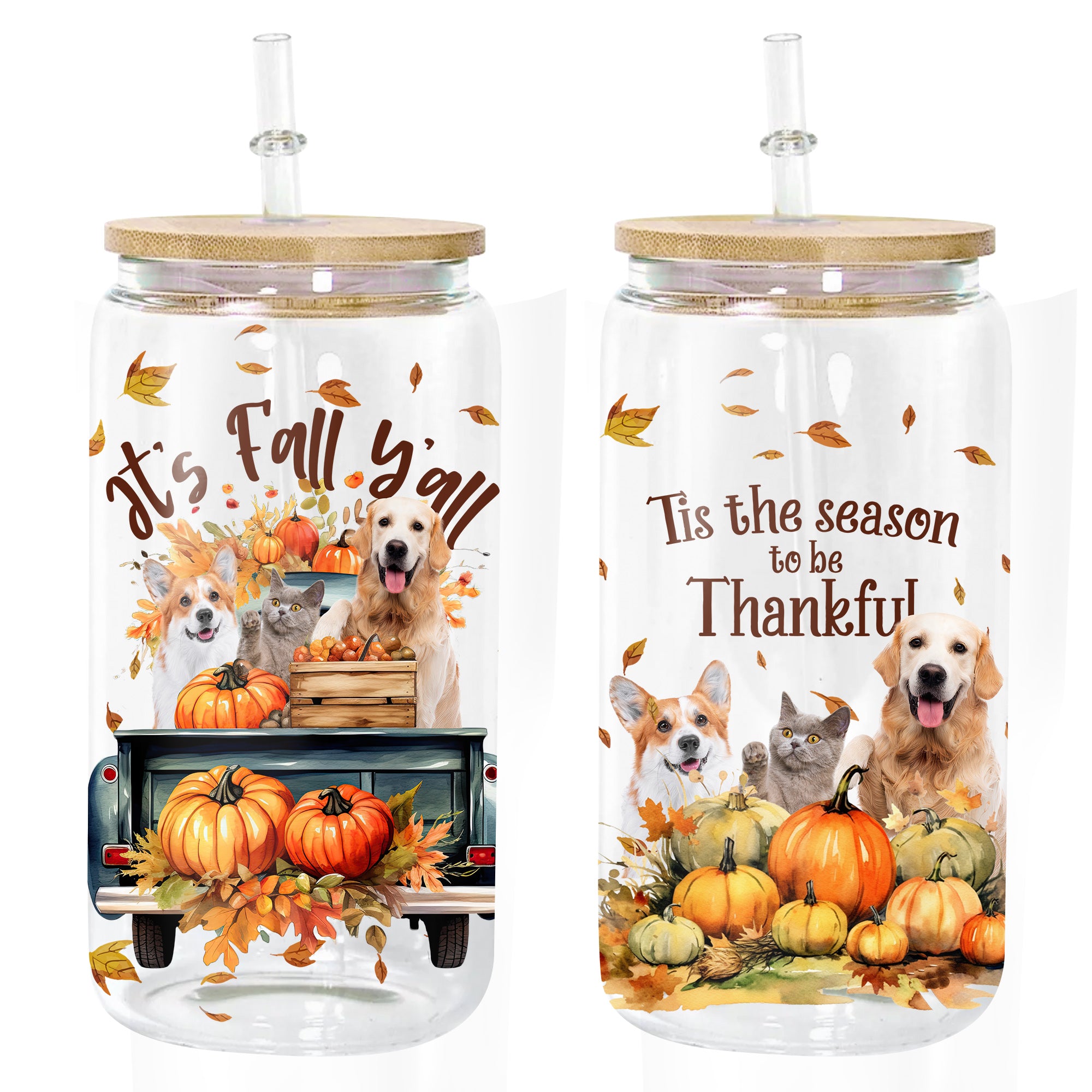 It's Fall Y'all - Tis The Season To be Thankful - Custom Pet Photo And Name - Personalized Glass Bottle, Frosted Bottle, Gift For Pet Lovers