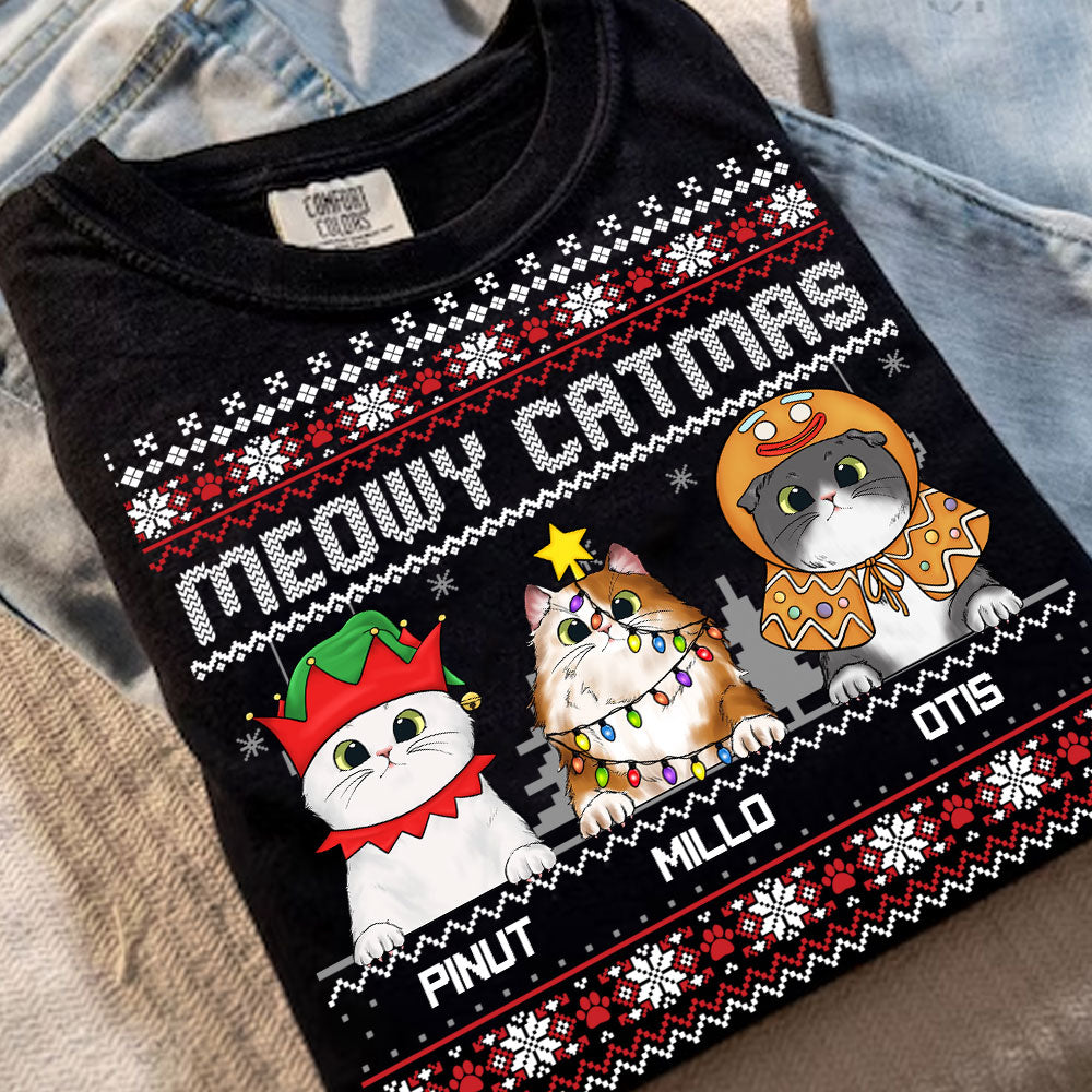 Meowy Catmas Funny Cartoon Style - Christmas Gift For Cat Lovers - Personalized T-Shirt