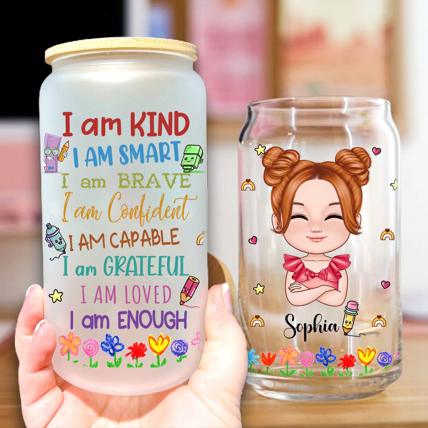 Custom "I Am" Kid Crossed Arms- Custom Appearance And Name - Personalized Glass Bottle, Frosted Bottle, Gift For Family