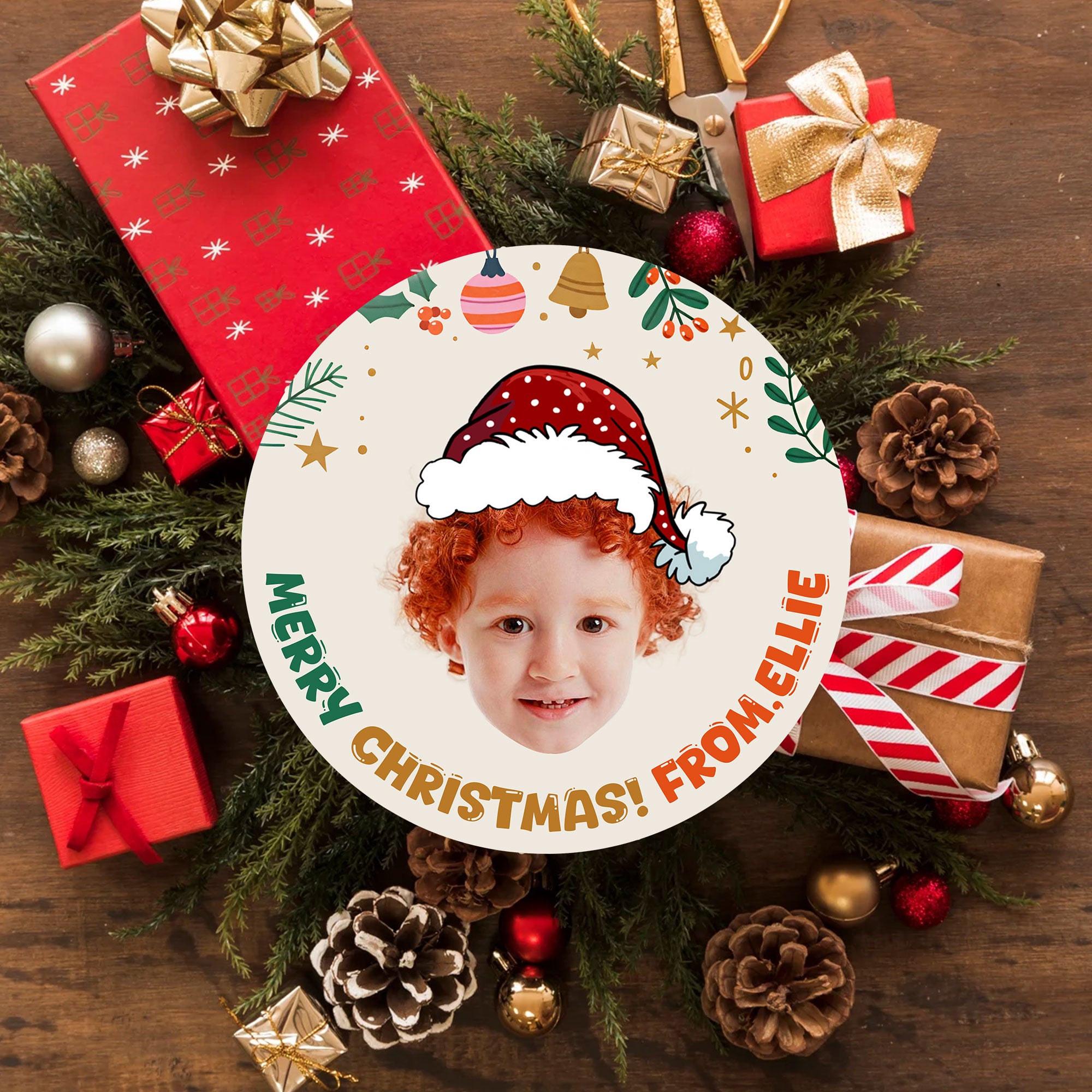 Merry Christmas Stickers - Custom Photo And Text - Personalized Circle Sticker