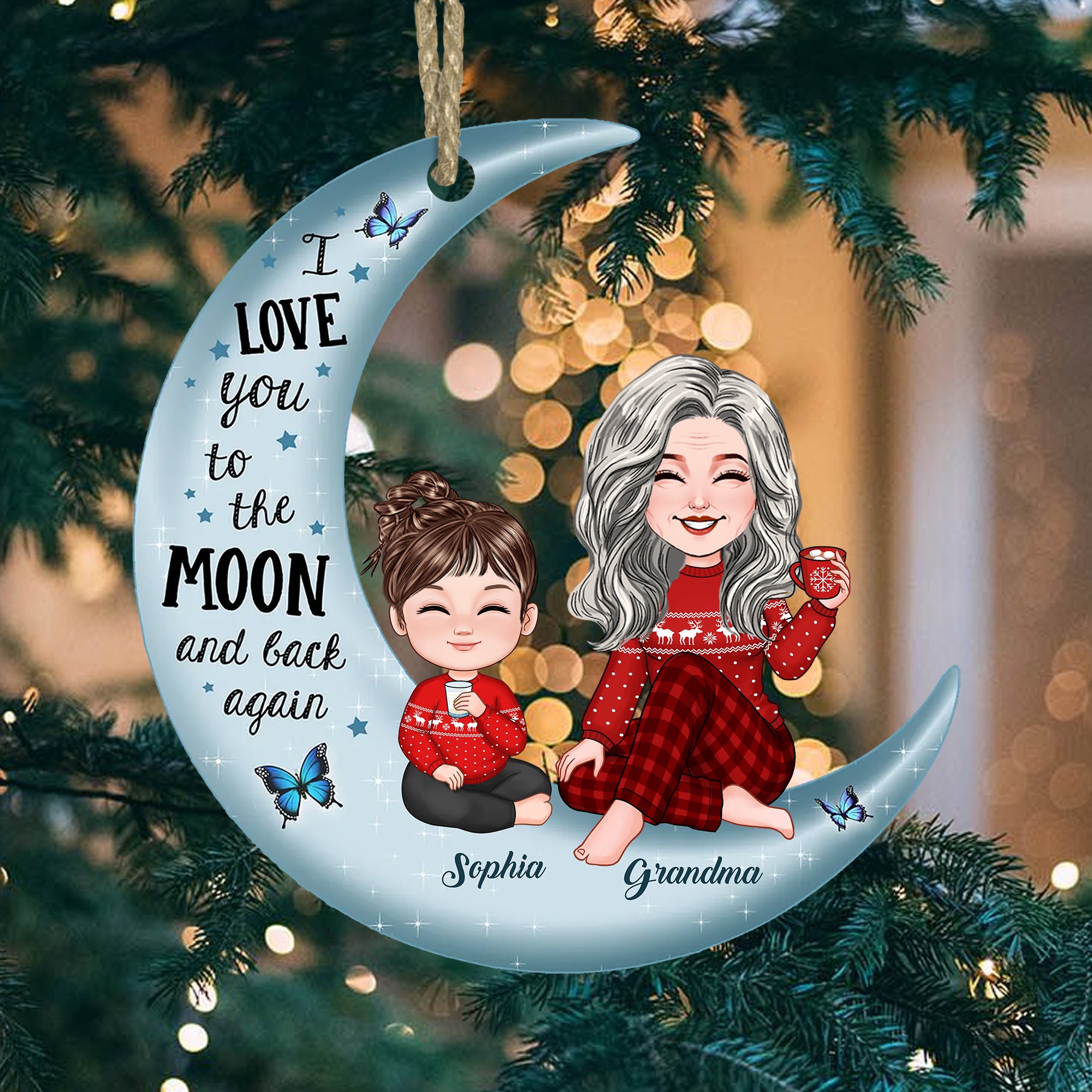 I Love You To The Moon And Back Again, Christmas Gift For Mom, Grandma, Custom Appearances And Names - Personalized Acrylic Ornament - Gift For Christmas, Family Gift