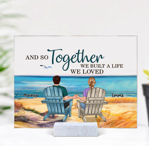 Backview Couple Sitting Beach View - Custom Appearances And Names - Personalized Acrylic Plaque - Family Gift