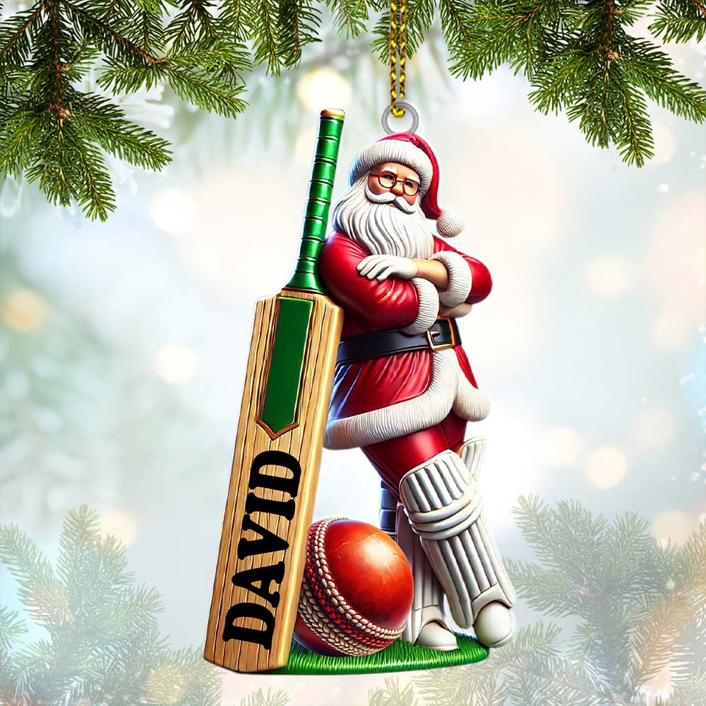 Cricket Ball Ready Santa Christmas Ornament, Personalized Ornament