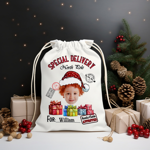 Special Delivery For Custom Photo And Name, Personalized String Bag, Christmas Gift