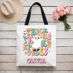 Thick Thighs Spooky Vibes - Halloween Season - Custom Name - Personalized Tote Bag, Halloween Gift