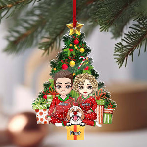 Christmas Couple Sitting With Pet, Custom Appearances And Names - Christmas Gift For Couple - Personalized Acrylic Ornament