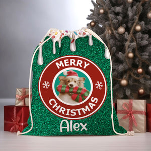 Merry Christmas - Custom Photo And Name, Personalized String Bag, Gift For Pet Lover, Christmas Gift