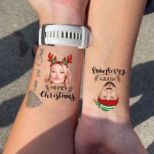 Merry Christmas, Custom Photo And Hat Temporary Tattoo, Personalized Tattoo, Fake Tattoo