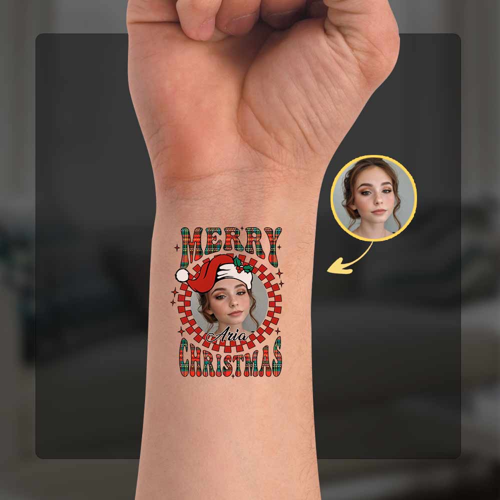 Merry Christmas Circle, Custom Photo And Text Temporary Tattoo, Personalized Tattoo, Fake Tattoo