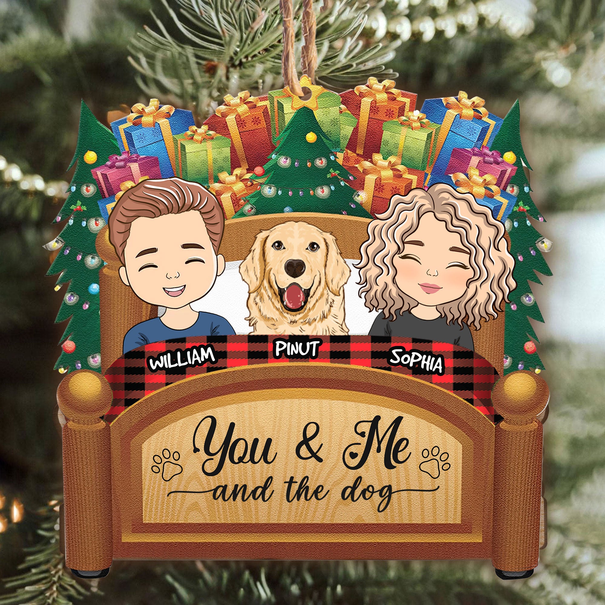 You & Me And The Dogs Cats Pets - Personalized Custom Shaped Wooden Ornament With Bow - Gift For Pet Lover