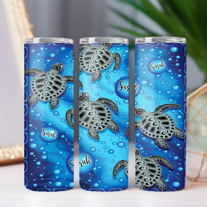 Personalized Sea Turtles Aqua Pattern Skinny Tumbler, Gift For Turtle Lover