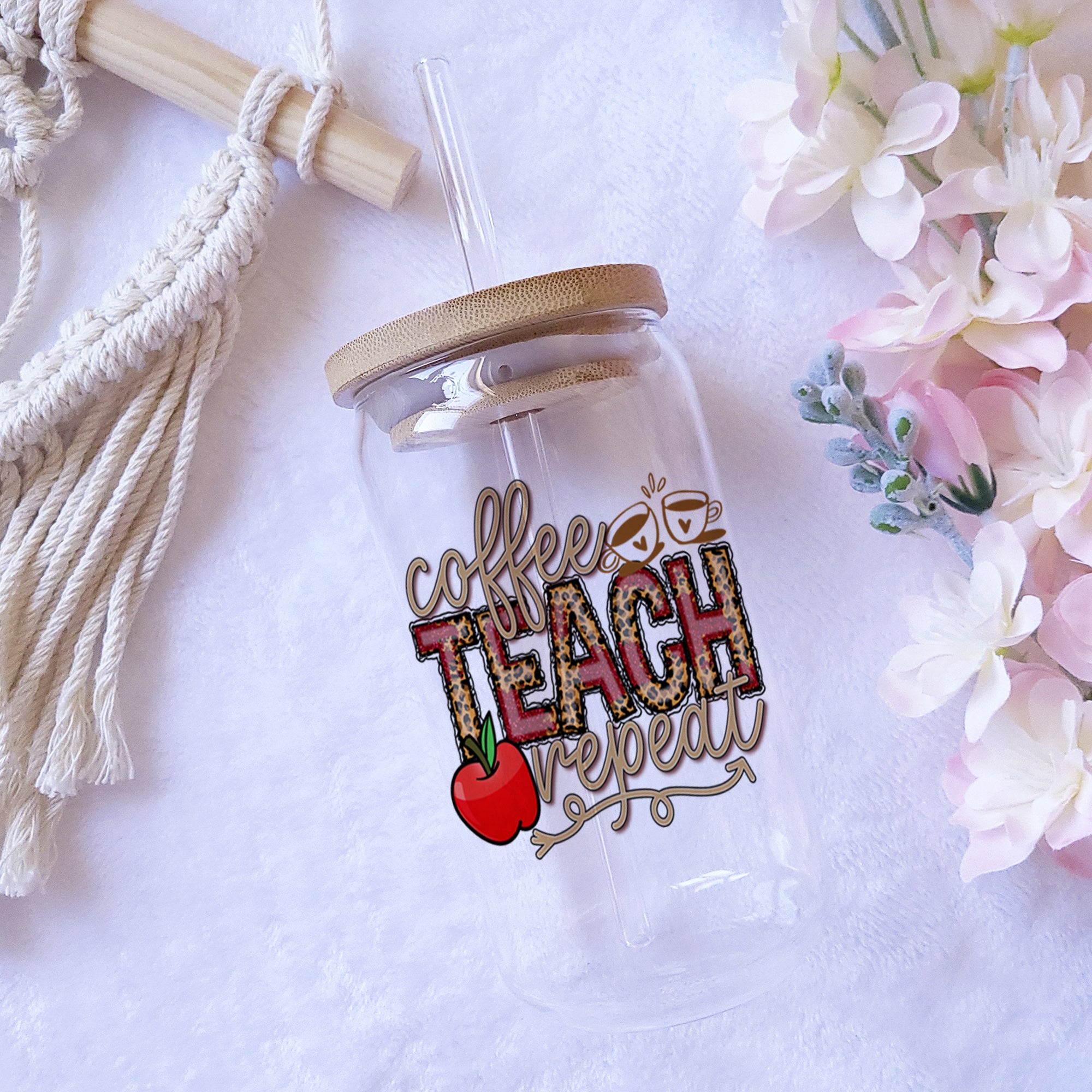 Coffee Teach Repeat - Custom Name - Personalized Glass Bottle, Frosted Bottle, Gift For Teacher, Back To School