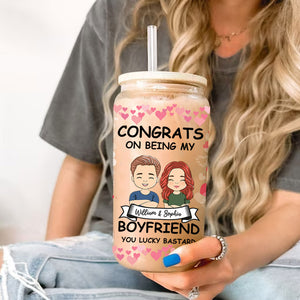 Congrats On Being My Boyfriend - Custom Appearance And Names - Personalized Glass Bottle, Frosted Bottle, Gift For Couple