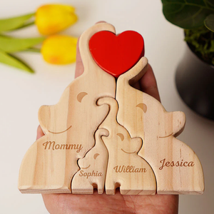 Christmas Personalized Wooden Elephants Family - Puzzle Wooden Elephants Family - Wooden Pet Carvings