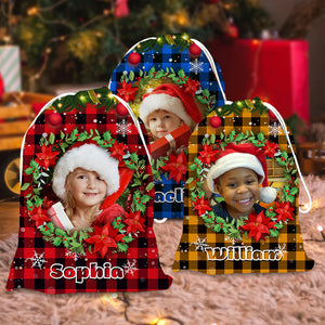 Santa Sack Plaid Pattern Face Photo- Personalized String Bag, Gift For Family, Christmas Gift