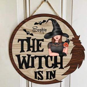 The Witch Is In - Custom Appearance And Name - Personalized Wooden Door Sign - Halloween Gift