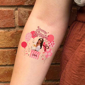 Pink Birthday Party Tattoo, Custom Photo And Texts Temporary Tattoo, Personalized Tattoo, Fake Tattoo