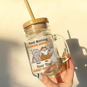 Good Morning  Human Servant, Custom Cats And Names - Personalized Mason Jar Cup With Straw