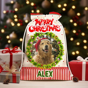 Merry Christmas - Custom Background, Photo And Name, Personalized String Bag, Gift For Pet Lover, Christmas Gift