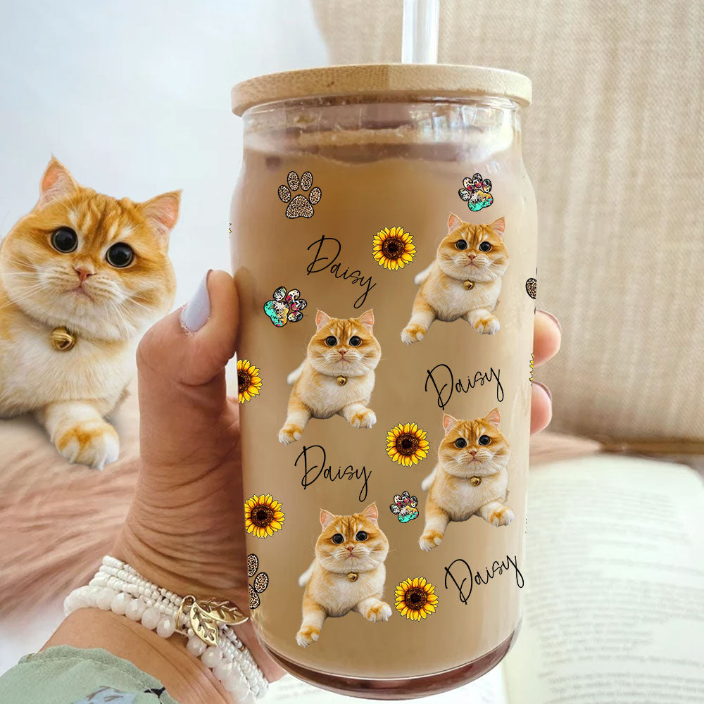 Cat Mama - Custom Photo And Name - Customization Cutie Kittie Glass Bottle, Frosted Bottle, Gift For Cat Lovers