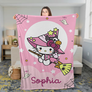 Halloween Hello Kitty  - Custom Name And Background Color - Personalized Fleece Blanket