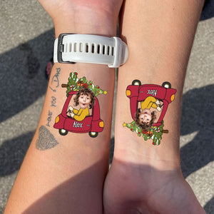 Merry Christmas Kid Riding Car, Custom Photo And Text Temporary Tattoo, Personalized Tattoo, Fake Tattoo