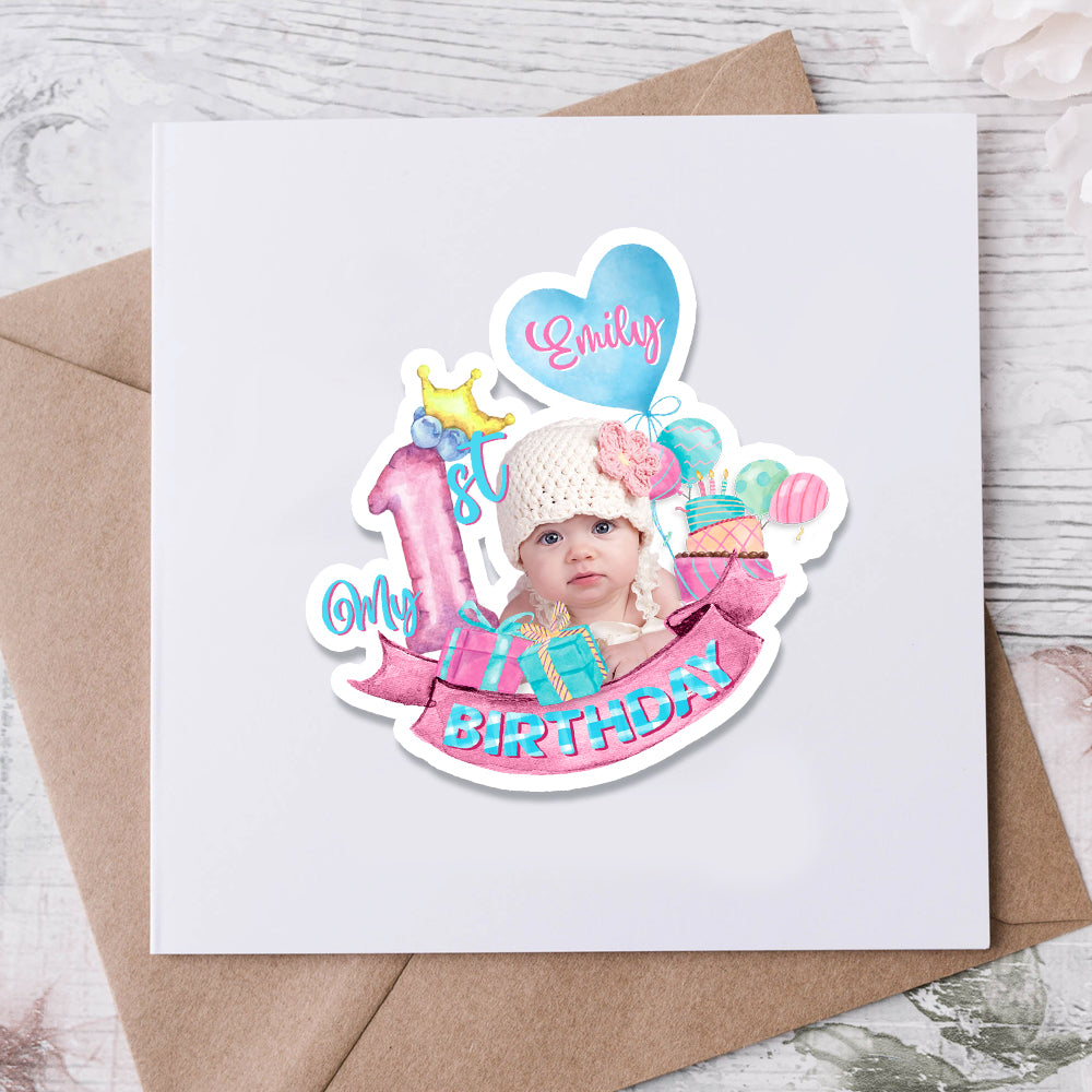 Personalized 1st Birthday Sticker, Custom Photo And Text Name, Birthday Gift