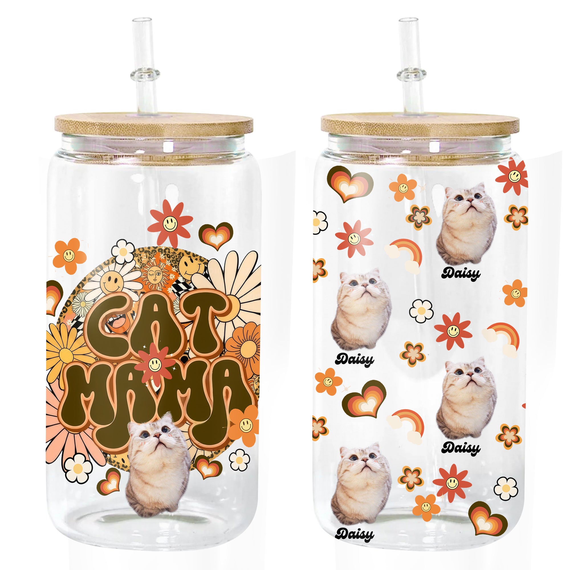 Cat Mama - Custom Photo And Name - Personalized Glass Bottle, Frosted Bottle, Gift For Pet Lovers