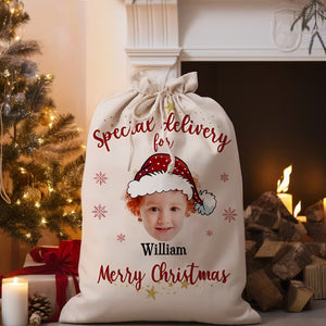 Christmas Special Delivery Custom Photo And Name, Personalized String Bag, Christmas Gift