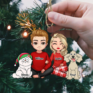 Couple Sitting With Christmas Pet, Custom Appearances And Names - Christmas Gift For Couple - Personalized Acrylic Ornament