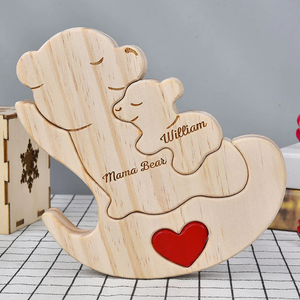 Personalized Wooden Big Bear And Kids Family Christmas - Puzzle Wooden Family - Wooden Pet Carvings