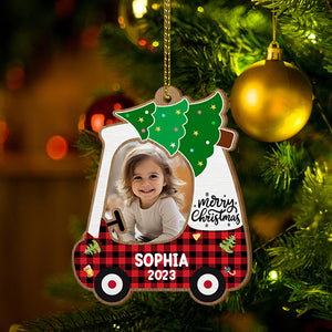 Merry Christmas Kid On Car, Custom Photo And Text - Personalized Custom Shaped Wooden Ornament - Christmas Gift For Family