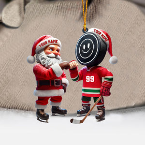 Santa And The Hockey Player Christmas Ornament, Personalized Ornament