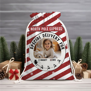 North Pole Express Special Deliver For Kid, Custom Background And Photo- Personalized String Bag, Christmas Gift, Gift For Family