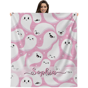 Pink Ghost  - Custom Name - Personalized Fleece Blanket, Halloween Gift