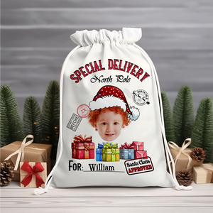 Special Delivery For Custom Photo And Name, Personalized String Bag, Christmas Gift