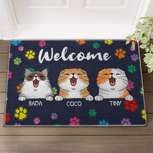 Welcome Cat House Color Paws  - Custom Cats And Names - Personalized Doormat - Pet Lover Gift