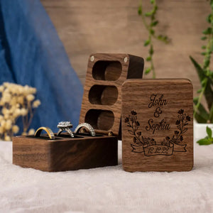 Custom Engraved Ring Box For Wedding Ceremony, Triple Wooden Ring Box, Wedding Engagement Ring Box, 3 Ring Bearer Ring Box, Proposal Ring Box Holder - Personalized Wooden Ring Box