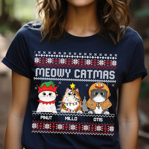 Meowy Catmas Funny Cartoon Style - Christmas Gift For Cat Lovers - Personalized T-Shirt