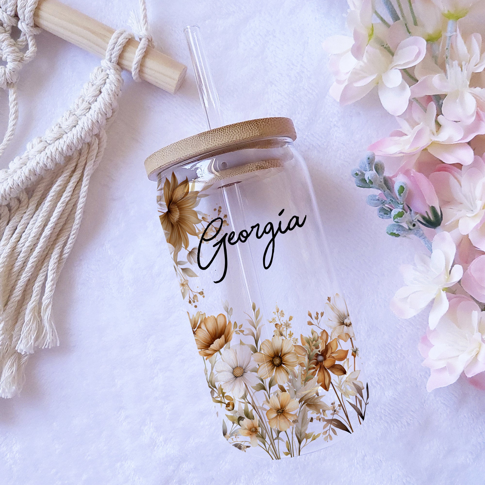 Bridesmaid Wildflower - Custom Name - Personalized Glass Bottle, Frosted Bottle