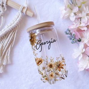 Bridesmaid Wildflower - Custom Name - Personalized Glass Bottle, Frosted Bottle