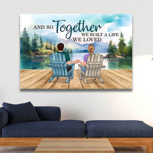 Backview Couple Sitting By The Lake - Personalized Appearances And Texts Canvas - Family Decor, Couple Gift