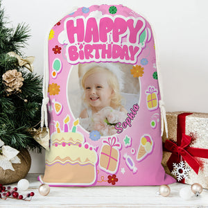 Happy Birthday Pink And Cake Bag Personalized Christmas String Bag