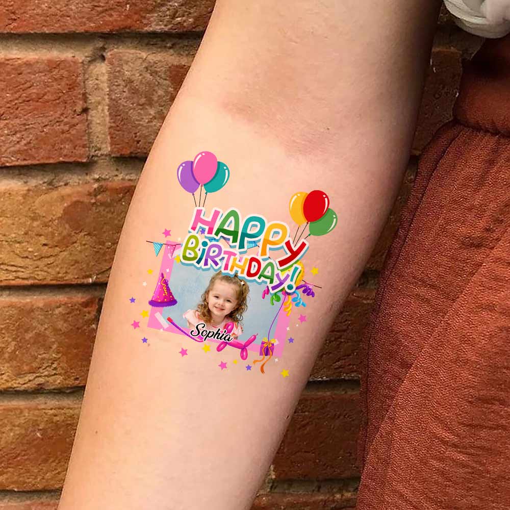 Colorful Birthday Balloon, Custom Photo And Texts Temporary Tattoo, Personalized Tattoo, Fake Tattoo