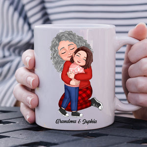 Grandma, Mom Hugging Grandkid, Kid - Custom Appearances And Names, Personalized White Mug, Gift For Family