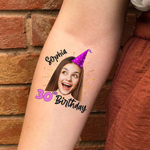 Happy Birthday Party Wearing Hat, Custom Face Photo And Name Temporary Tattoo, Personalized Party Tattoo, Fake Tattoo