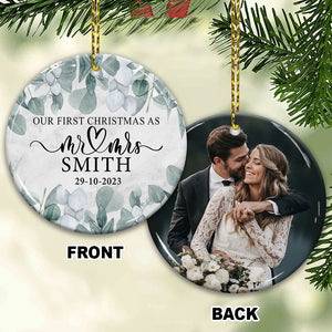 Our First Christmas As Mr & Mrs - Personalized 2 Sides Ceramic Ornament - Gift For Couple, Custom Photo Gift For Christmas