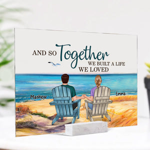 Backview Couple Sitting Beach View - Custom Appearances And Names - Personalized Acrylic Plaque - Family Gift