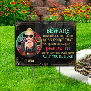 Beware This House Is Protected By An Energy - Personalized Lawn Sign, Yard Sign, Halloween Gift