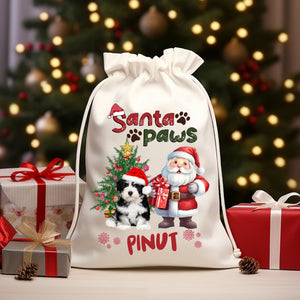 Santa Paws - Custom Photo And Name, Personalized String Bag, Gift For Pet Lover, Christmas Gift